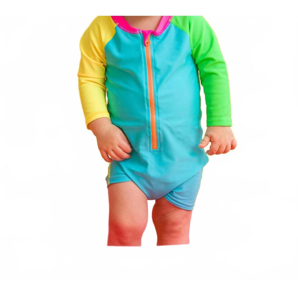 NEW RUGGED BUTTS boys' neon color block long sleeve one piece rash guard swimsui